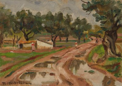 Road with Water, Olive Trees, After Rain — Oil painting, Canvas, 26.00×36.00cm — Theodoros Markellos